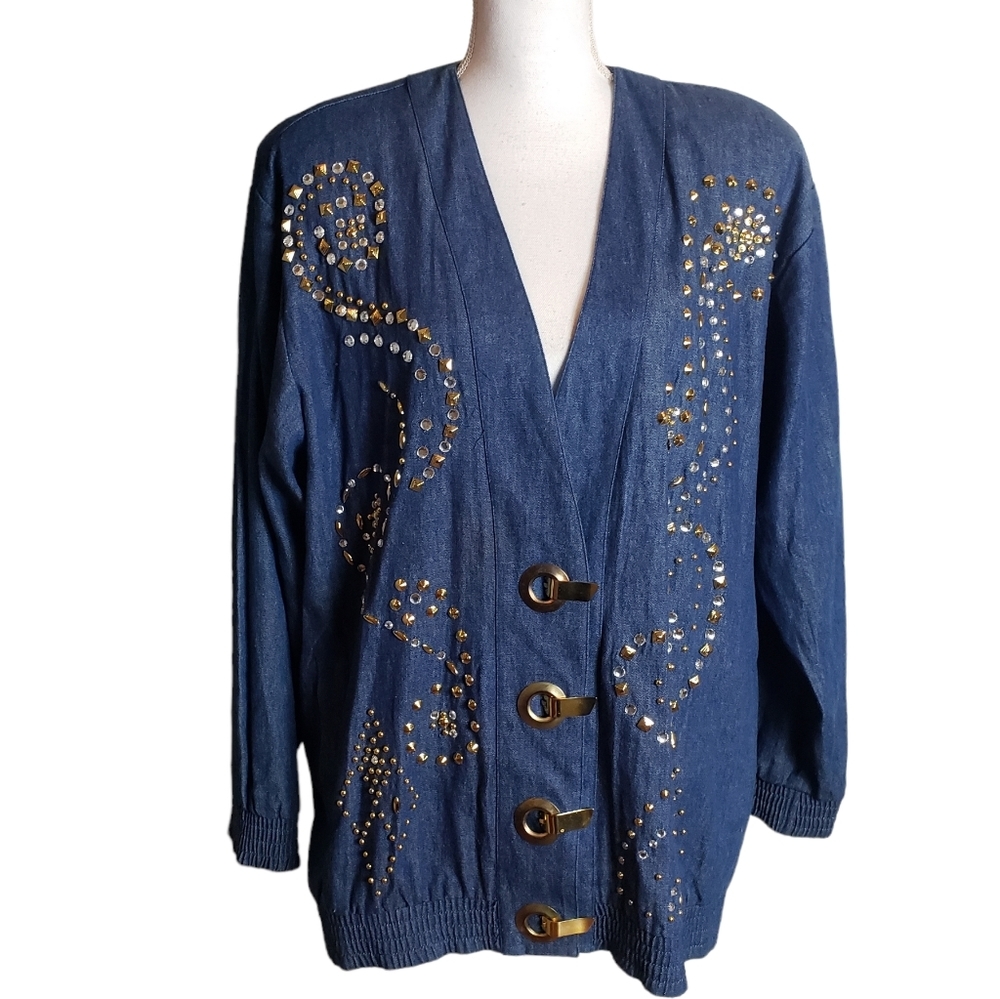 Vintage Chambray Blue Denim Lightweight Jacket Sz L Gold Stud Rhinestones Cotton